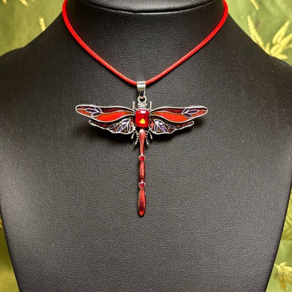 π sale! π NEW Ruby red enamel dragonfly necklace with red woven neck cord - Picture 2 of 4
